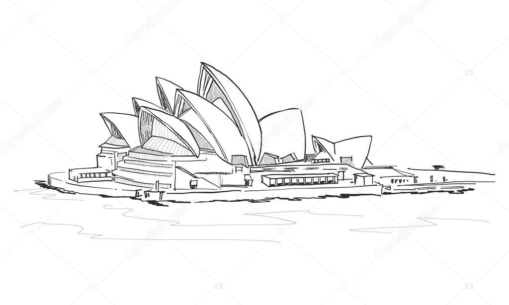 Illustration of hand sketch of opera house isolated in white background. 