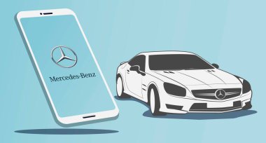 Akıllı araç uygulaması ve simge Mercedes-Benz ile akıllı telefon