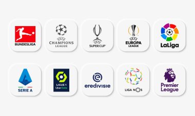 Popüler Avrupa Birliği web düğmelerinin vektör illüstrasyonu. UEFA Şampiyonlar Ligi, Super Cup, Bundesliga, La Liga, Serie A, Premier League, Ligue 1, Eredivisie, Primeira Liga ve UEFA Avrupa Ligi. Neomorfizm tarzı. Editör kullanımı için.