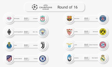 UEFA Şampiyonlar Ligi 'nin vektör illüstrasyonu, Round 16 Sezon 2020-2021. Neomorfizm tarzı. Editör kullanımı için.