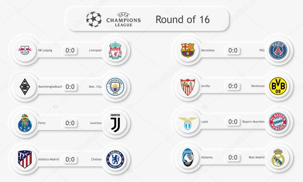 Vector illustration of UEFA Champions League, Round 16 Season 2020-2021. Neomorphism style. For editorial use.