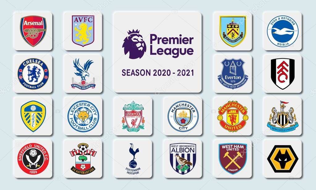 Premier League teams competing in season 2020 - 2021 for illustrative editorial use. Neumorphism style.