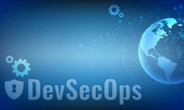 DevOps tipografisinin fütüristik bir arka planda vektör çizimi. Siber güvenlik kavramı