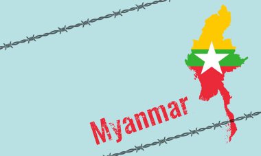 Myanmar siyasi kriz konseptinin vektör illüstrasyonu. Myanmar haritası, bayrak ve dikenli tel