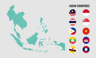 10 ASEAN ülkesinin temsili haritası ve yuvarlak bayrak. Malezya, Endonezya, Tayland, Filipinler, Vietnam, Myanmar, Kamboçya, Laos, Singapur ve Brunei. Güneydoğu Asya 