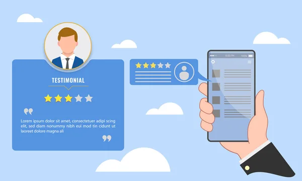 リアルタイムオンラインビジネスの証言のためのテンプレートとウェブサイトの星の評価 スマートフォンを手に取り 顧客レビュー フィードバック 通知を読む — ストックベクタ