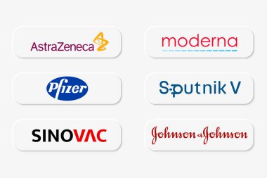 Popüler COVID19 aşı web düğmelerinin vektör çizimi. AstraZaneca, moderna, pfizer, sputnik V sinovac ve johnson ve johnson. Sağlık hizmeti konsepti. Neomorfizm biçimi