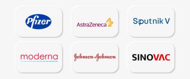 Popüler COVID19 aşı web düğmelerinin vektör çizimi. AstraZaneca, moderna, pfizer, sputnik V sinovac ve johnson ve johnson. Sağlık hizmeti konsepti. Neomorfizm biçimi