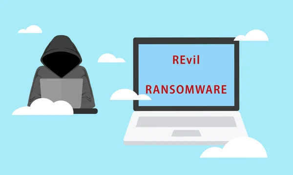 Revil Ransomwareでコンピュータシステムを攻撃するハッカーのイラスト サイバーセキュリティと情報セキュリティの概念 サイバー攻撃と犯罪 — ストックベクタ