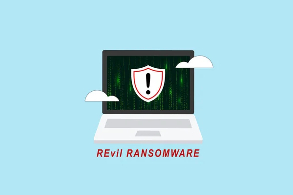 Ilustracja Hakera Atakującego System Komputerowy Pomocą Revil Ransomware Koncepcja Bezpieczeństwa — Wektor stockowy