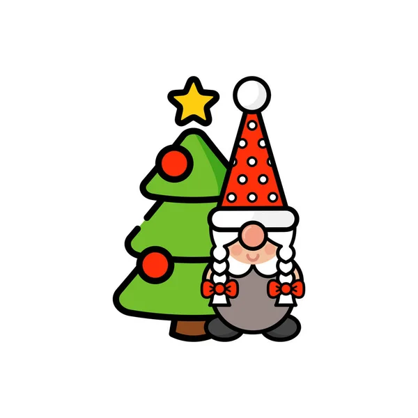 Christmas Dwarf Girl Vector Christmas Tree — Stock Vector