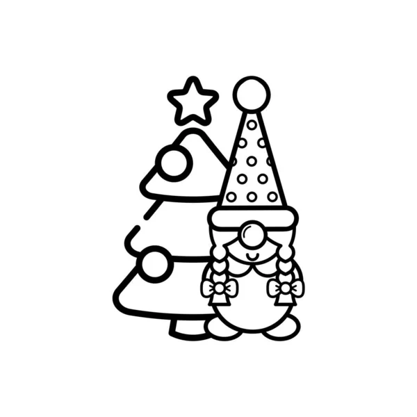 Vector Chica Enana Navidad Con Contorno Árbol Navidad — Vector de stock