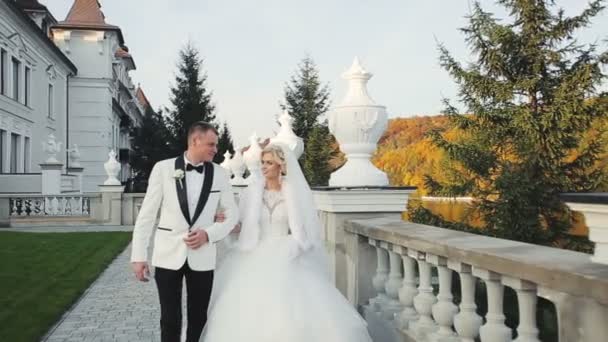 Bride and groom walk along architecture barrier — Stock Video