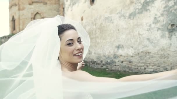 Wedding Bride Fun with Veil on Wind — Stock Video