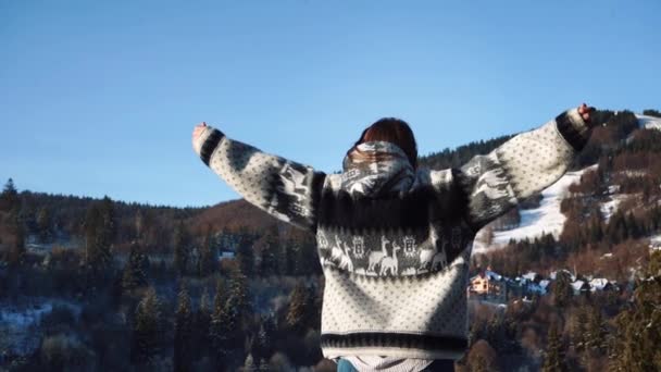 Nő élvezi gyönyörű kilátás a havas hegyekre — Stock videók