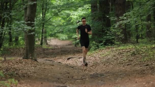 Чоловік біжить в лісі — стокове відео