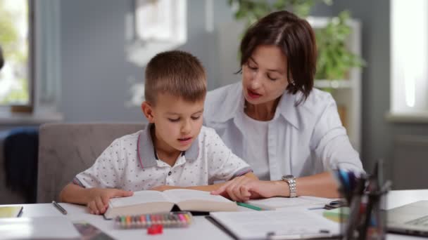 Schoolboy with teacher at home — Stock Video