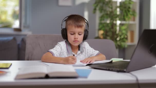 Menino ter aula on-line no laptop — Vídeo de Stock