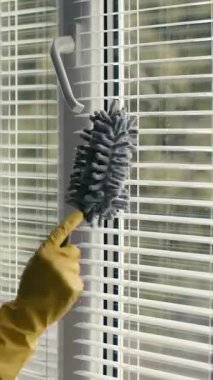 Sarı eldivenli bir kadın parlak güneş ışığında külüstür bir pencereyi temizliyor..