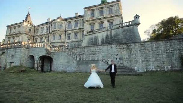 Braut und Bräutigam spazieren — Stockvideo