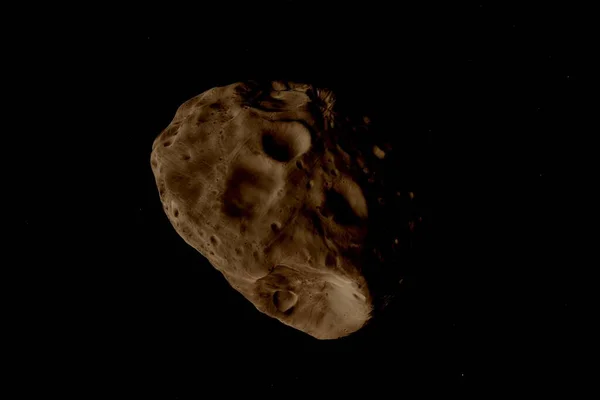 İki uydudan biri olan Phobos 'un yüksek çözünürlüklü görüntüsü. Bu çarpıcı görüntü düzensiz şeklini, derin kraterlerini ve uzayın karanlığına karşı yakalanmış engebeli yüzeyini gözler önüne seriyor.. 