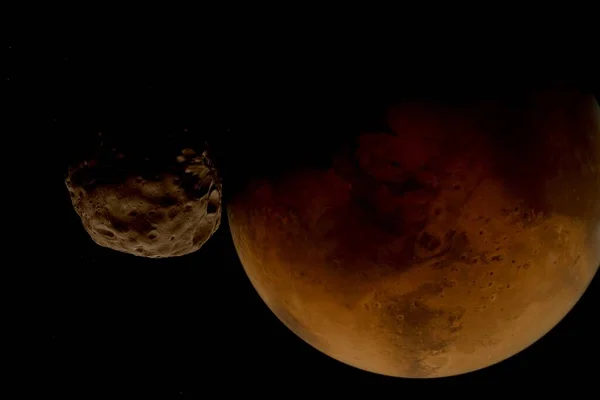 İki uydudan biri olan Phobos 'un yüksek çözünürlüklü görüntüsü. Bu çarpıcı görüntü düzensiz şeklini, derin kraterlerini ve uzayın karanlığına karşı yakalanmış engebeli yüzeyini gözler önüne seriyor.. 