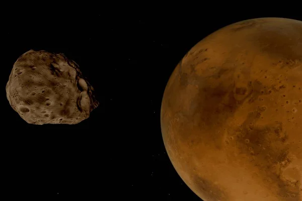 İki uydudan biri olan Phobos 'un yüksek çözünürlüklü görüntüsü. Bu çarpıcı görüntü düzensiz şeklini, derin kraterlerini ve uzayın karanlığına karşı yakalanmış engebeli yüzeyini gözler önüne seriyor.. 