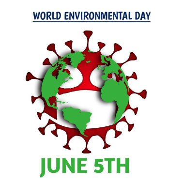 Dünya Çevre Günü yaratıcı kavramı, kırmızı tehlikeli koronavirüsün üzerindeki yeşil dünya haritası yüz maskeli, dijital virüs ve dünya kavramı. Yaratıcı fikir, 5 Haziran