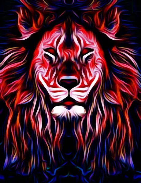 暗闇の中で赤い目と長い髪を持つ野生のライオンの頭のカラフルなイラスト 背景壁紙画像 ペット猫の壁紙のデジタルイラスト — ストック写真