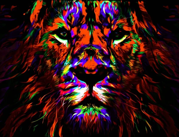 Renkli Desenli Bir Aslan Başının Renkli Bir Çizimi Aslan Kral — Stok fotoğraf