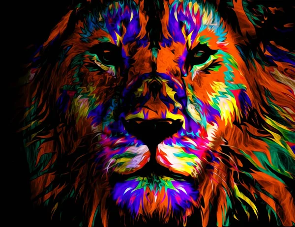Renkli Desenli Bir Aslan Başının Renkli Bir Çizimi Aslan Kral — Stok fotoğraf