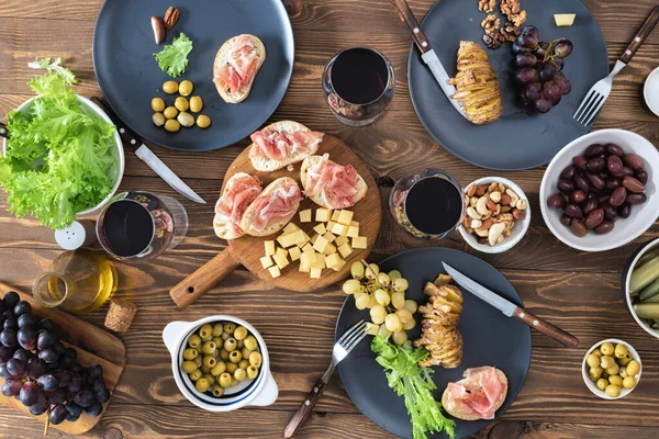 Dinner Table Different Food Wine Top View — Stock Photo, Image