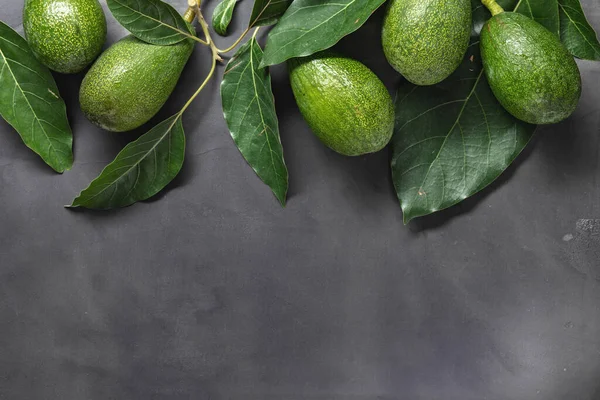 Ganze Frische Avocado Mit Blättern Auf Dunklem Hintergrund Draufsicht — Stockfoto