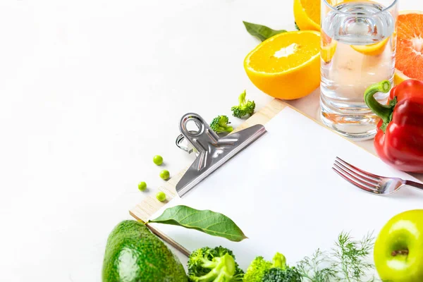 Set Fresh Ingredients Diet Food Clipboard Fork Glass Water White — Stock Photo, Image