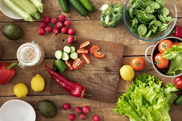 Várias Verduras Cereais Para Preparar Comida Dietética Uma Vista Superior — Fotografia de Stock