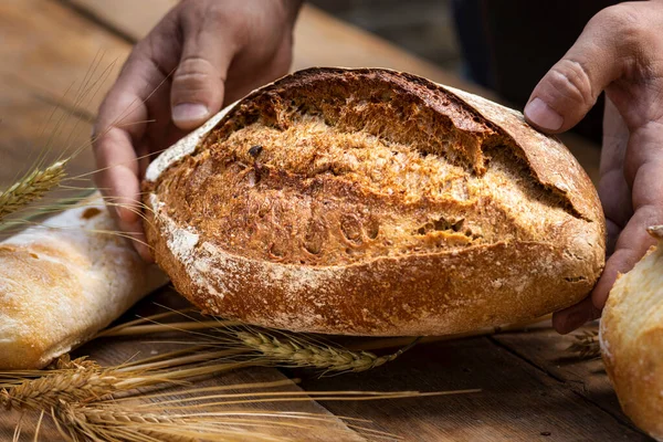 Bakery Background Fresh Crunchy Loaf Bread Hands Baker Close — Foto Stock