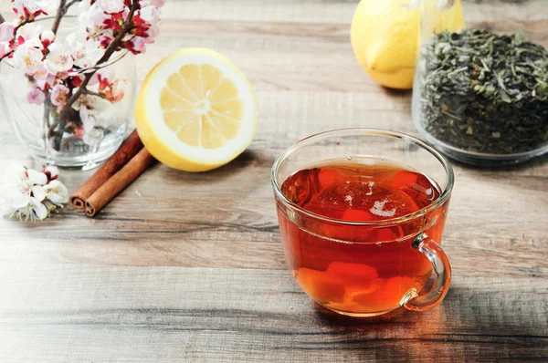 Tasse Tee und Blumen — Stockfoto