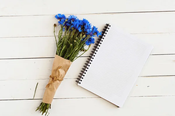 Голубые полевые цветы и блокнот — стоковое фото