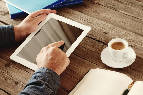 Men hand clicks on the screen blank tablet — Stock Photo, Image