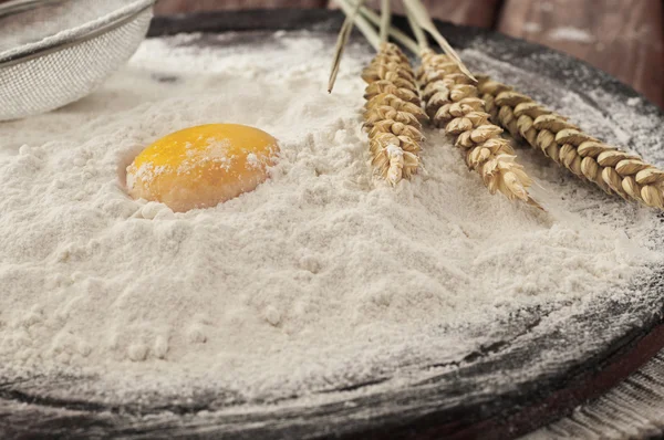 Żółtka jaj w mąki z pszenicy uszy — Zdjęcie stockowe