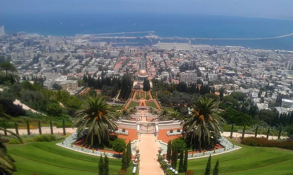 Vue Panoramique Depuis Sommet Montagne Jusqu Temple Bahai Haïfa Israël — Photo