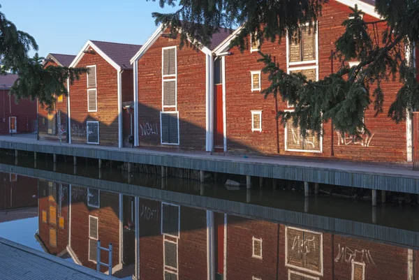 Fishing warehouses in the city center in Hudiksvall, Sweden