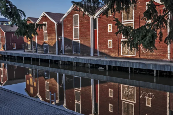 Fishing warehouses in the city center in Hudiksvall, Sweden