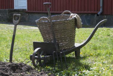 wheelbarrow with a pitchfork, spade and basket clipart
