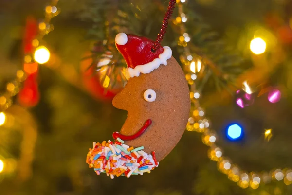 Biscoito em forma de crescente pendurado na árvore de Natal — Fotografia de Stock