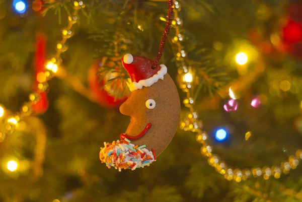 Полумесяц в форме печенья висит на елке — стоковое фото