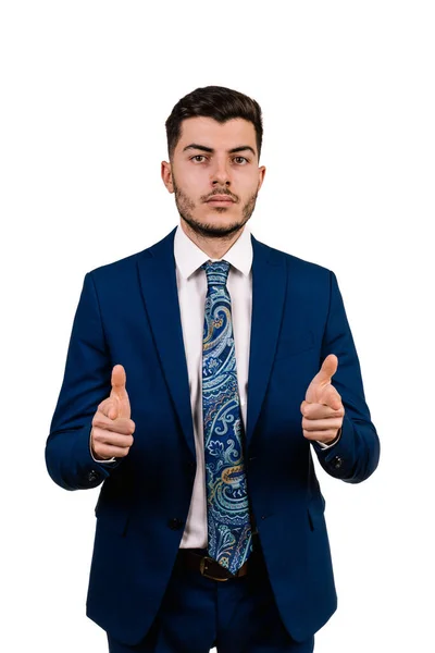Young Businessman Making Success Sign Thumbs Smiling Happy Joyful Expression — Stock Photo, Image