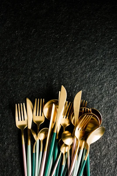 Colorful Luxurious Elegant Cutlery Black Background Flat Top View Modern — Stock Photo, Image
