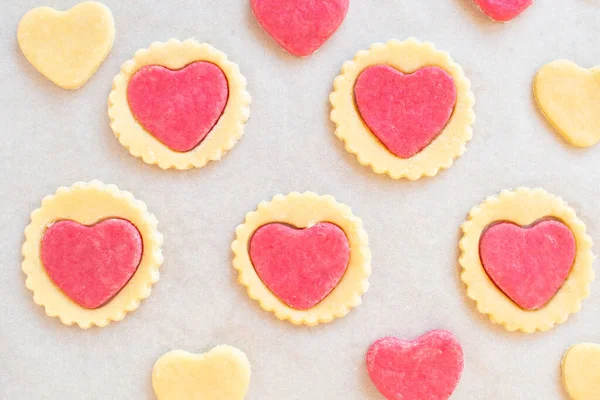 Alla Hjärtans Dag Cookies Steg För Steg Matlagningsinstruktioner Hemgjorda Hjärtformade — Stockfoto