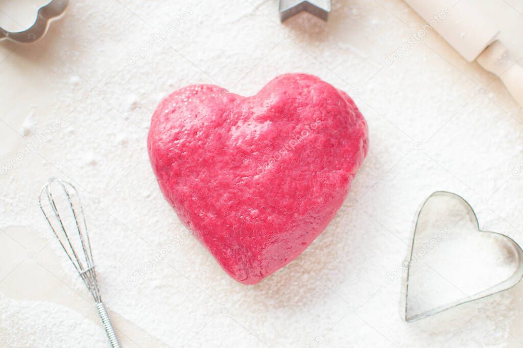 Valentine's day cookies. Cooking instructions step by step 1. Homemade heart shaped cookie dough, cookie cutters, rolling pin. Delicious natural organic cookies, love concept, baked goods with love